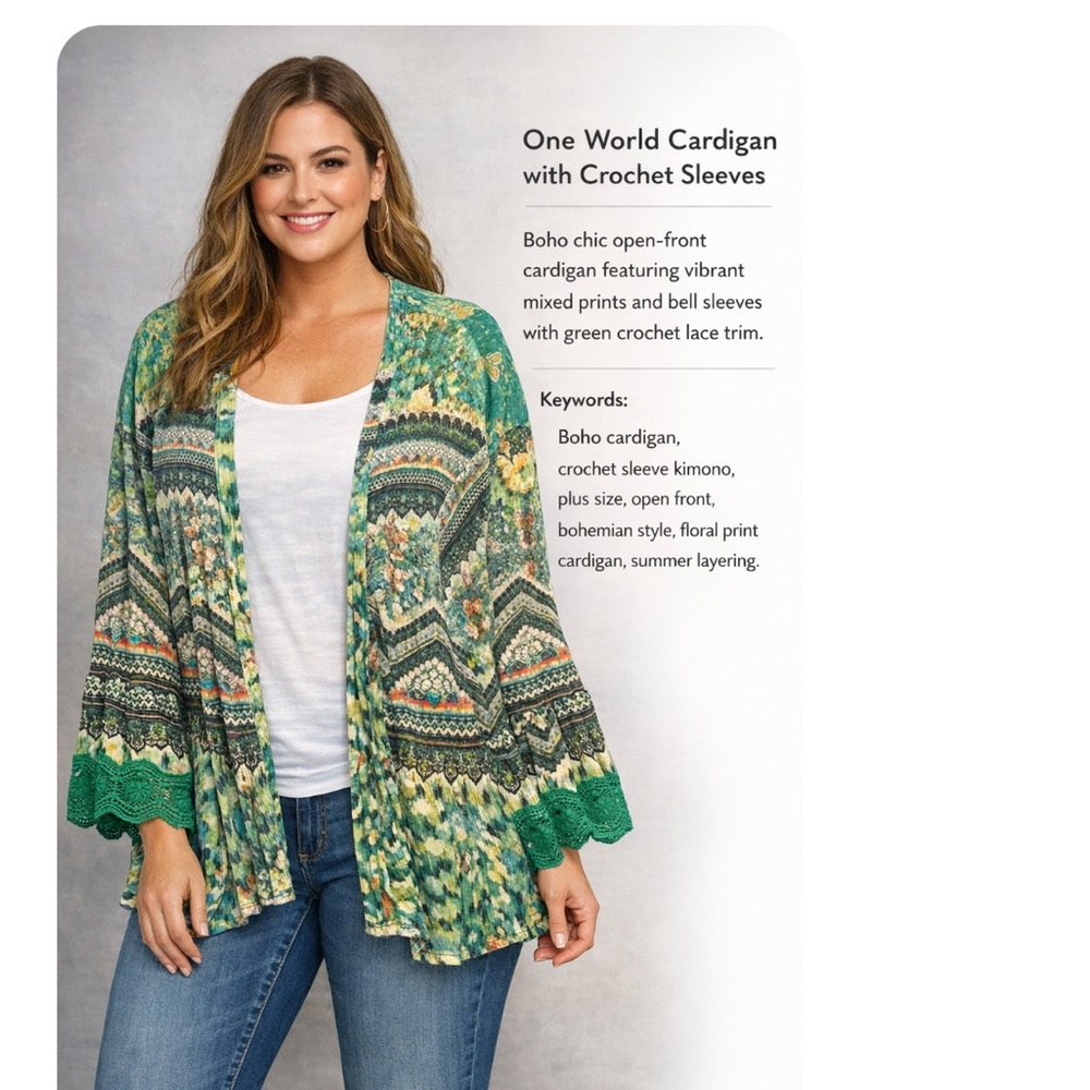 One World Boho Cardigan with Crochet Sleeves Size 1X